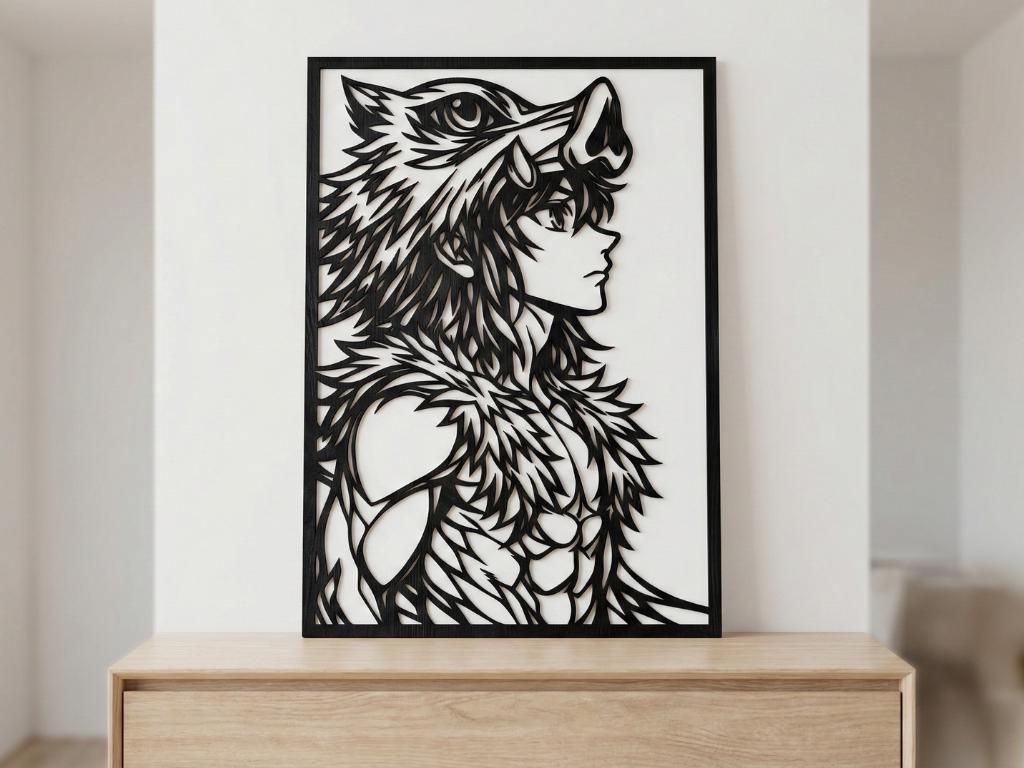 Laser Cut Anime Wall Art Decor – Inosuke Hashibira | Flow-Line Art Black Frame | SVG AI DXF dwg Files