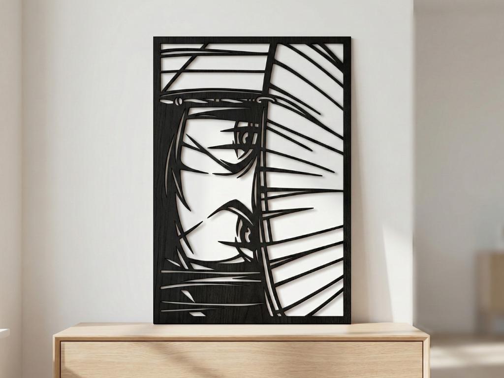 Laser Cut Anime Wall Art Decor – Itachi Uchiha | Flow-Line Art Black Frame | SVG AI DXF dwg Files