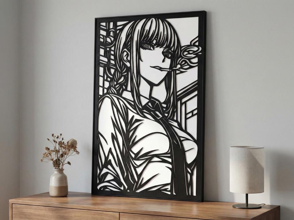 Laser Cut Anime Wall Art Decor – Makima | Flow-Line Art Black Frame | SVG AI DXF dwg Files