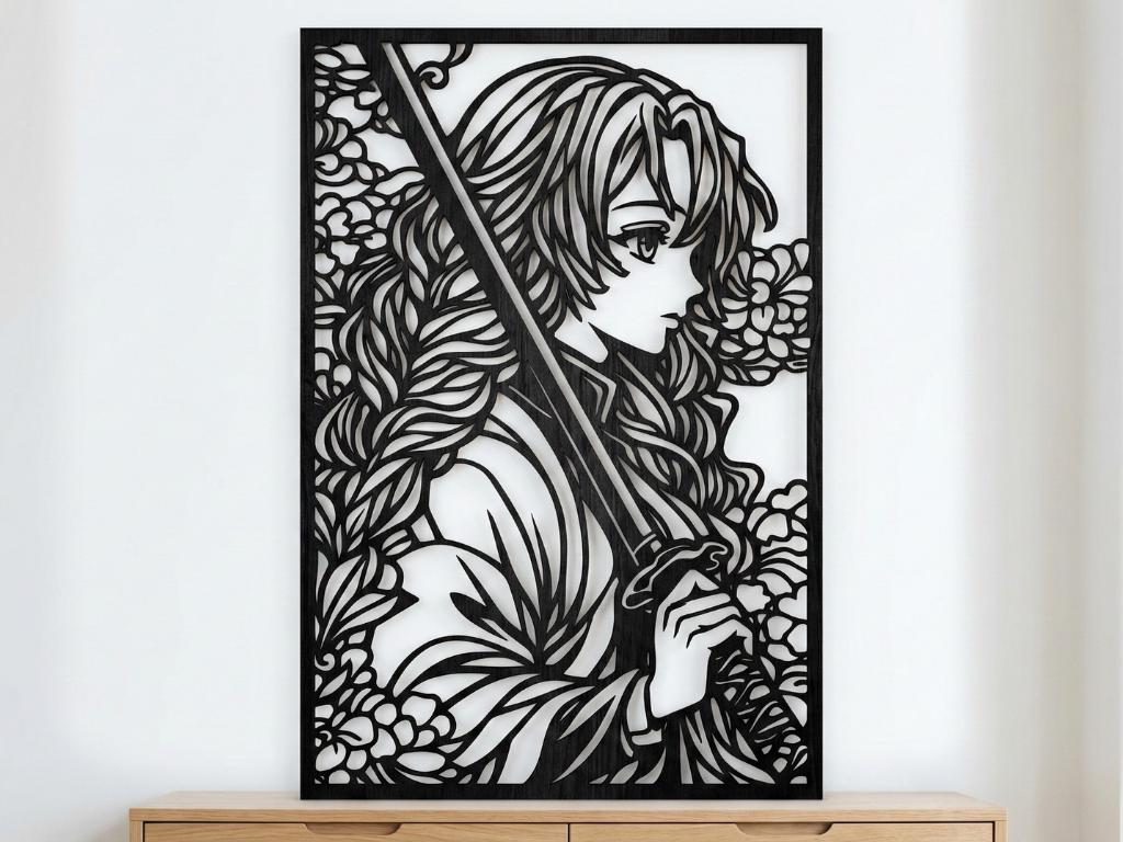 Laser Cut Anime Wall Art Decor – Mitsuri Kanroji | Flow-Line Art Black Frame | SVG AI DXF dwg Files