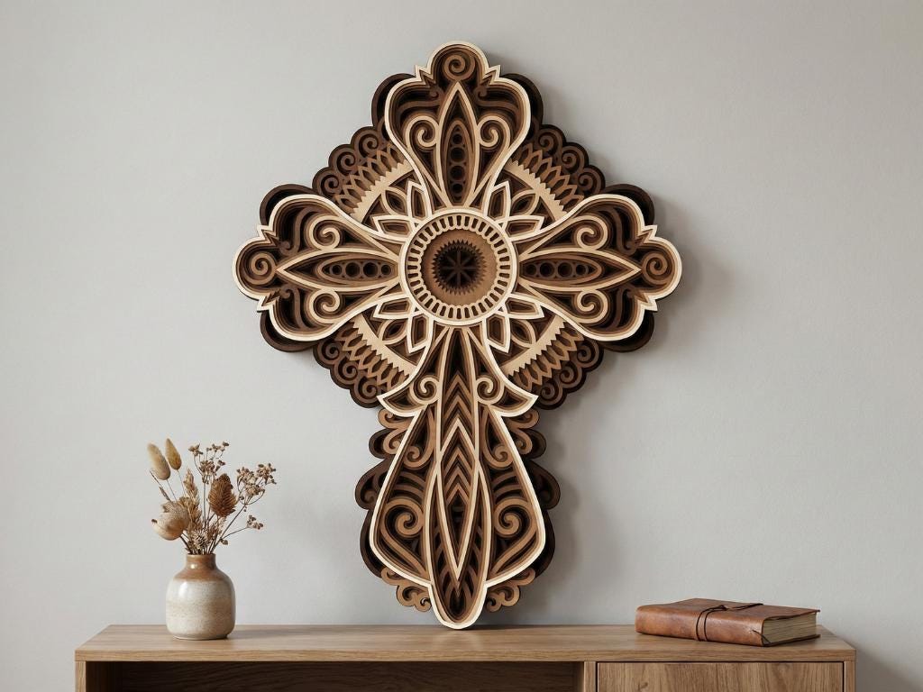 Laser Cut Multilayer Cross 2 Wall Art – 7 Layer Cross Design | 3D Wall Decor | AI SVG DXF dwg Files