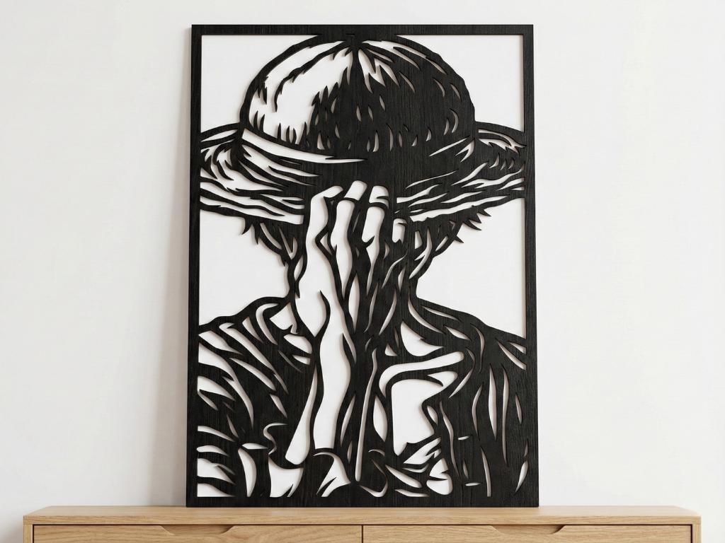 Laser Cut Anime Wall Art Decor – Monkey D Luffy | Flow-Line Art Black Frame | SVG AI DXF dwg Files