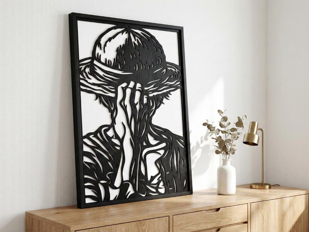 Laser Cut Anime Wall Art Decor – Monkey D Luffy | Flow-Line Art Black Frame | SVG AI DXF dwg Files