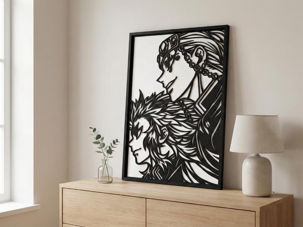 Laser Cut Anime Wall Art Decor – Rengoku and Uzui | Flow-Line Art Black Frame | SVG AI DXF dwg Files