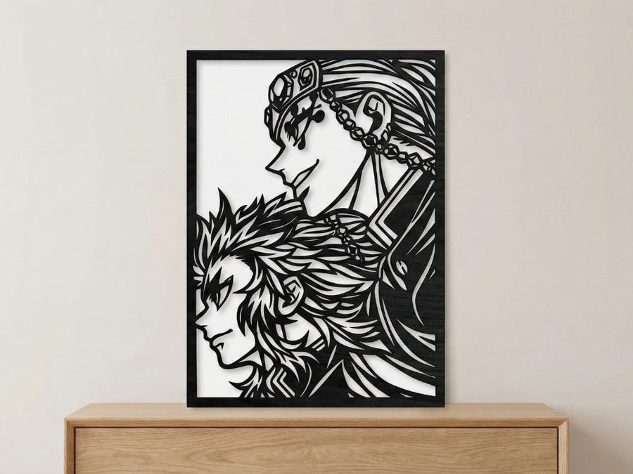 Arte Decorativo de Pared Anime para Corte Láser – Rengoku y Uzui | Flow-Line Art con Marco Negro | Archivos SVG AI DXF DWG PNG JPG