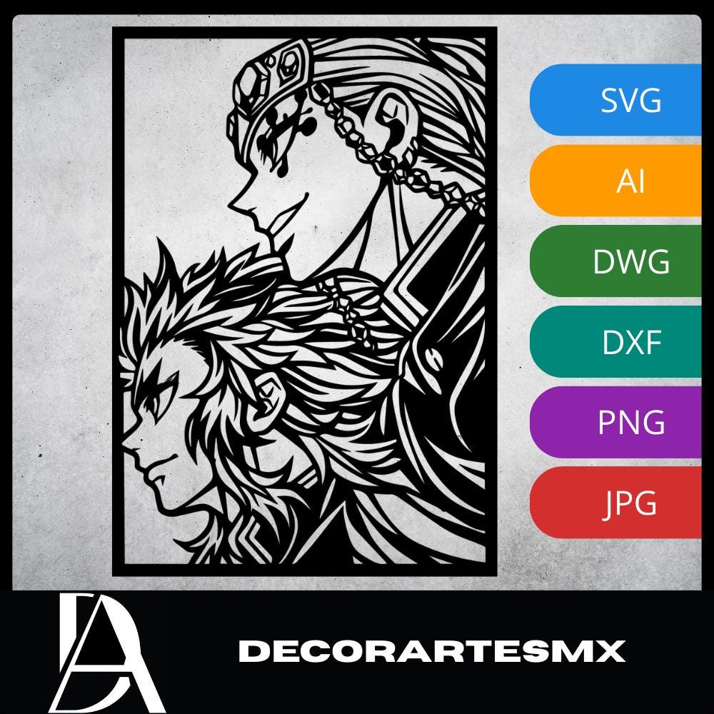 Laser Cut Anime Wall Art Decor – Rengoku and Uzui | Flow-Line Art Black Frame | SVG AI DXF dwg Files