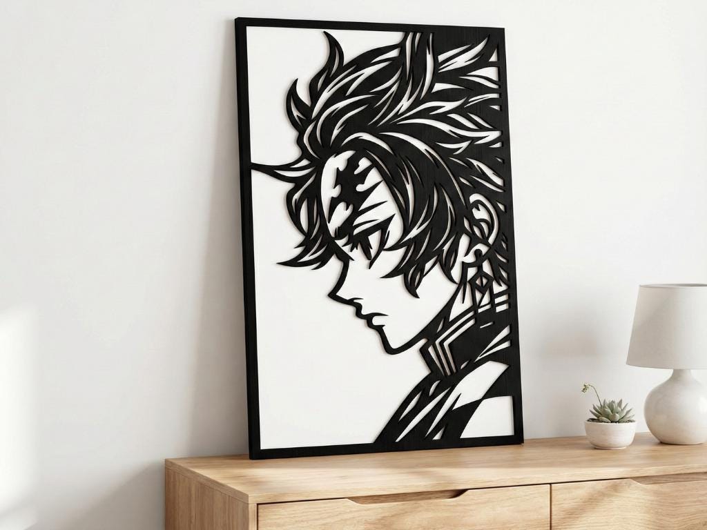 Laser Cut Anime Wall Art Decor – Tanjiro Kamado | Flow-Line Art Black Frame | SVG AI DXF dwg Files