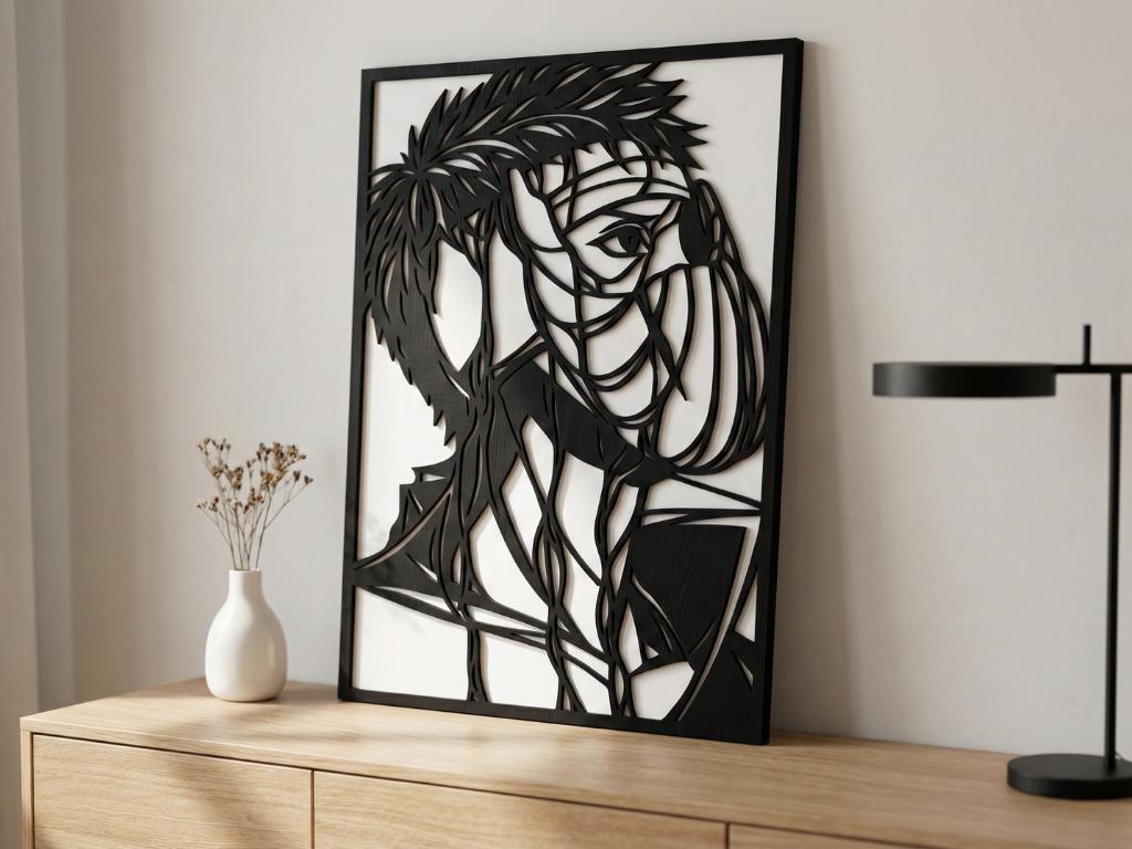 Laser Cut Anime Wall Art Decor – Tobi | Flow-Line Art Black Frame | SVG AI DXF dwg Files