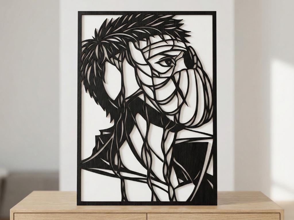 Laser Cut Anime Wall Art Decor – Tobi | Flow-Line Art Black Frame | SVG AI DXF dwg Files
