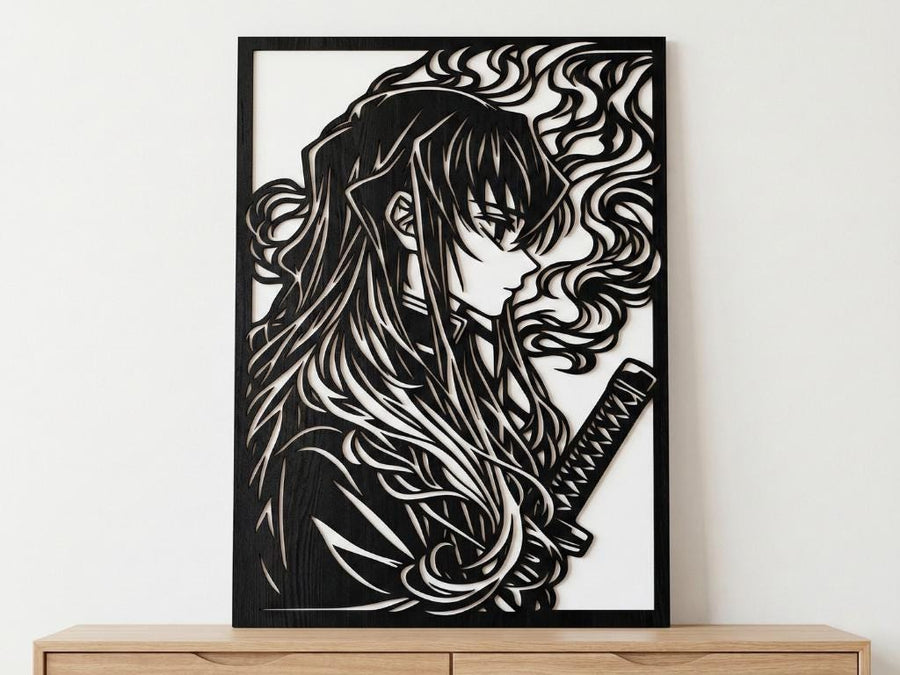 Arte Decorativo de Pared Anime para Corte Láser – Tokito Muichiro | Flow-Line Art con Marco Negro | Archivos SVG AI DXF DWG PNG JPG