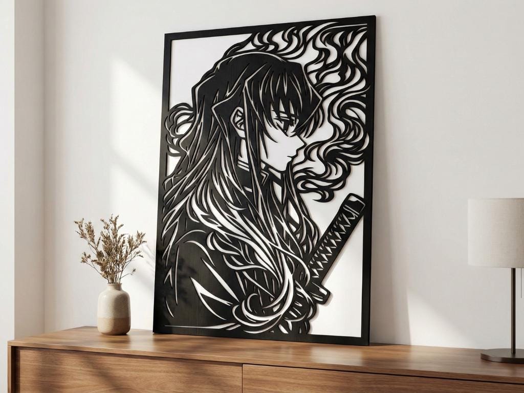 Laser Cut Anime Wall Art Decor – Tokito Muichiro | Flow-Line Art Black Frame | SVG AI DXF dwg Files