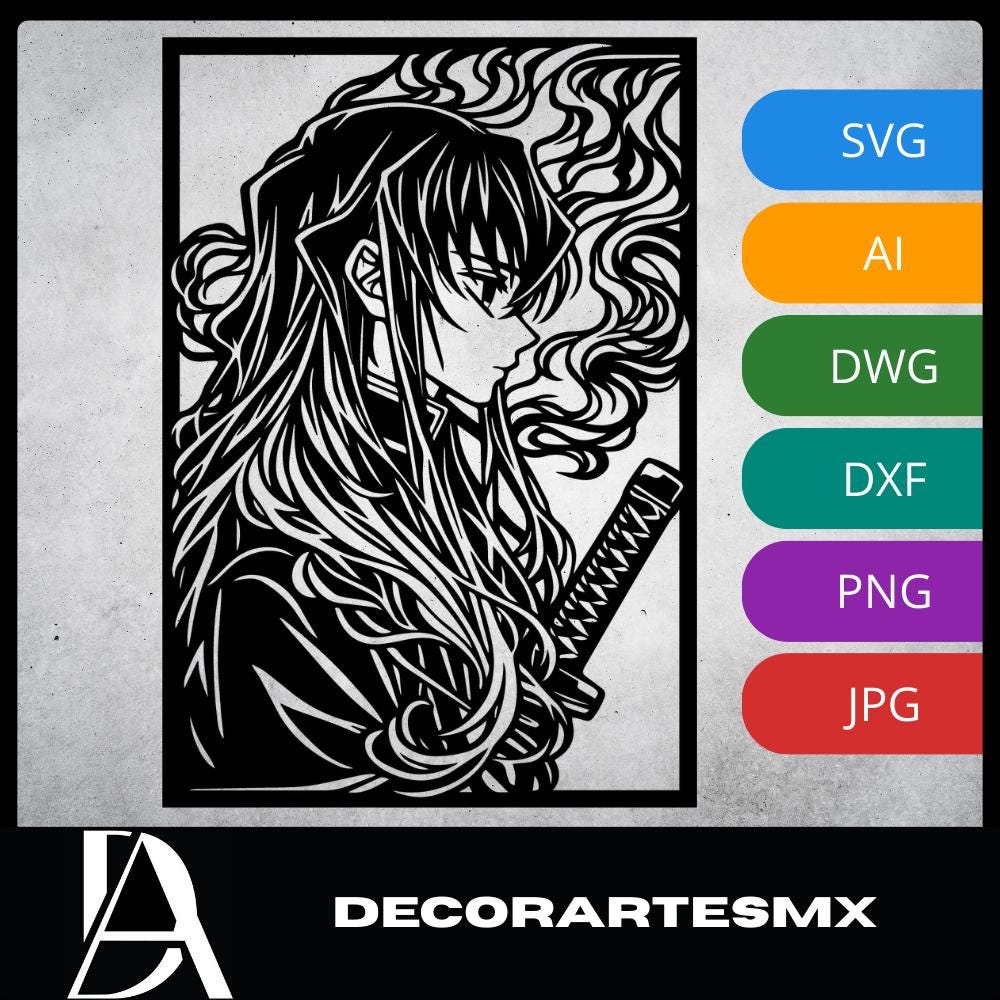 Laser Cut Anime Wall Art Decor – Tokito Muichiro | Flow-Line Art Black Frame | SVG AI DXF dwg Files
