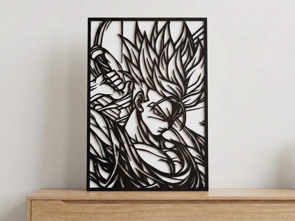 Laser Cut Anime Wall Art Decor – Trunks | Flow-Line Art Black Frame | SVG AI DXF dwg Files