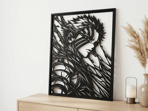 Laser Cut Anime Wall Art Decor – Akaza | Flow-Line Art Black Frame | SVG AI DXF dwg Files