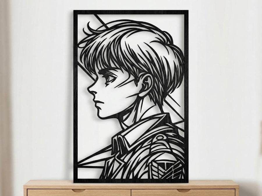 Arte Decorativo de Pared Anime para Corte Láser – Armin Arlert | Flow-Line Art con Marco Negro | Archivos SVG AI DXF DWG PNG JPG