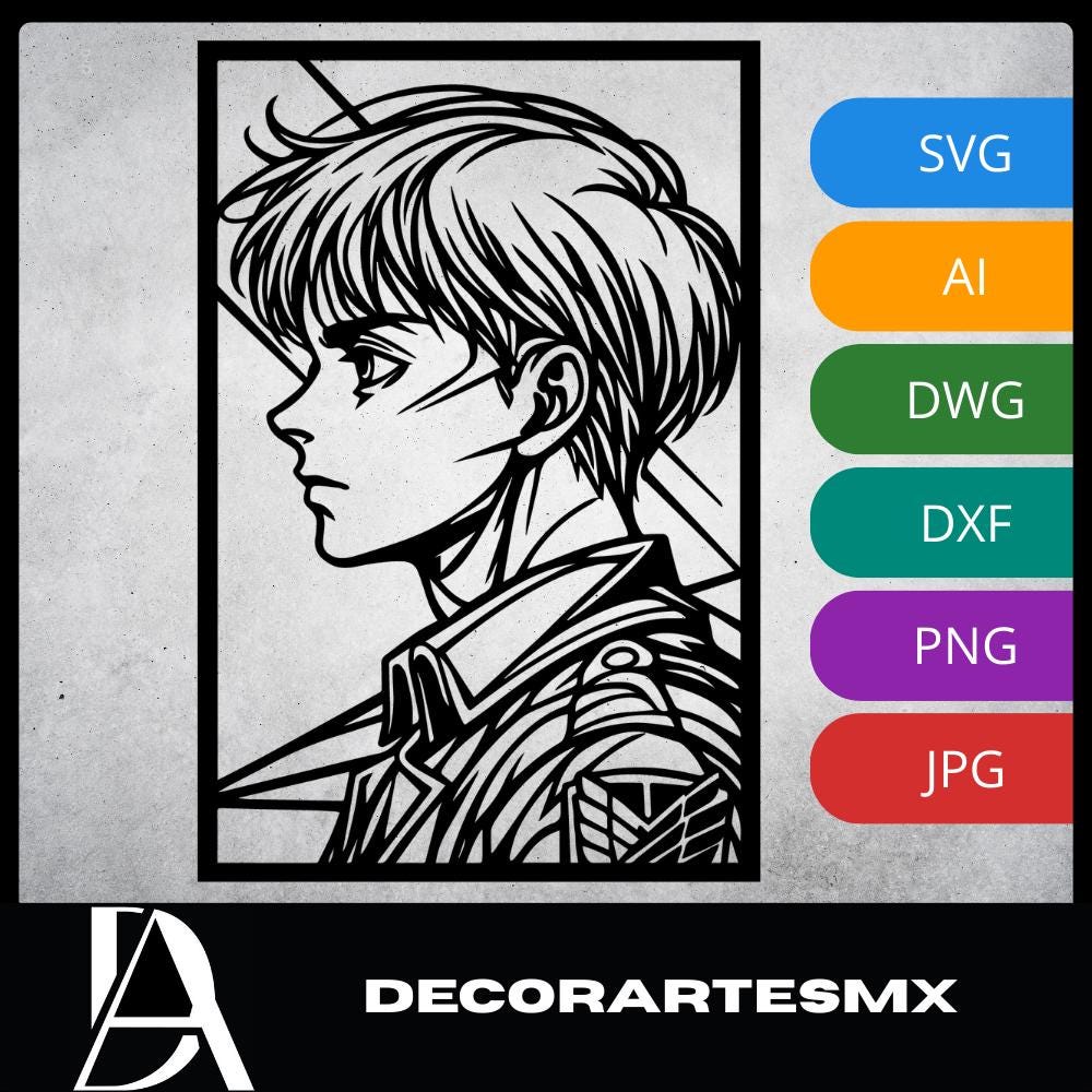 Laser Cut Anime Wall Art Decor – Armin Arlert | Flow-Line Art Black Frame | SVG AI DXF dwg Files