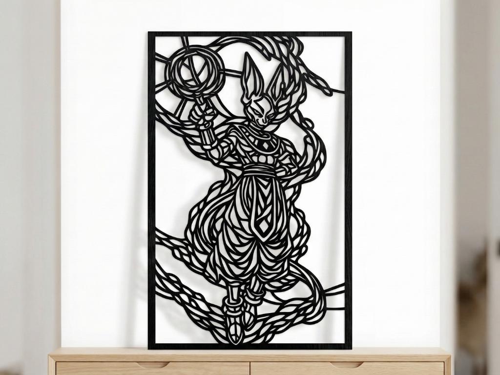 Laser Cut Anime Wall Art Decor – Beerus | Flow-Line Art Black Frame | SVG AI DXF dwg Files