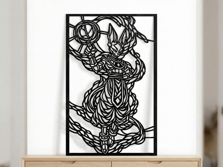 Arte Decorativo de Pared Anime para Corte Láser – Beerus | Flow-Line Art con Marco Negro | Archivos SVG AI DXF DWG PNG JPG