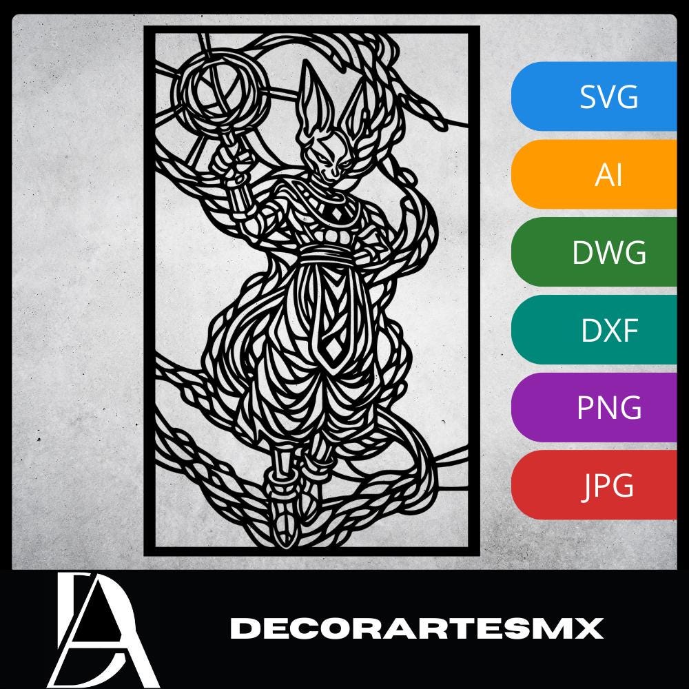 Laser Cut Anime Wall Art Decor – Beerus | Flow-Line Art Black Frame | SVG AI DXF dwg Files