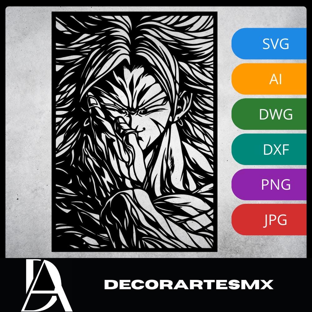 Laser Cut Anime Wall Art Decor – Broly | Flow-Line Art Black Frame | SVG AI DXF dwg Files
