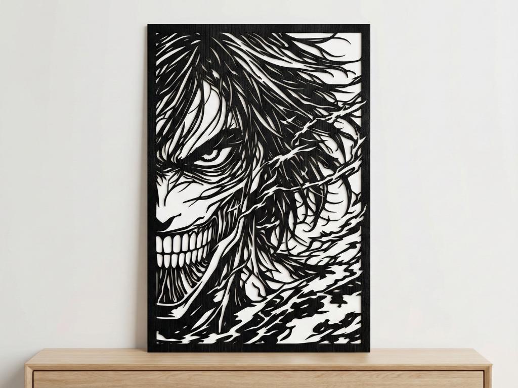 Laser Cut Anime Wall Art Decor – Eren Yeager Titan | Flow-Line Art Black Frame | SVG AI DXF dwg Files