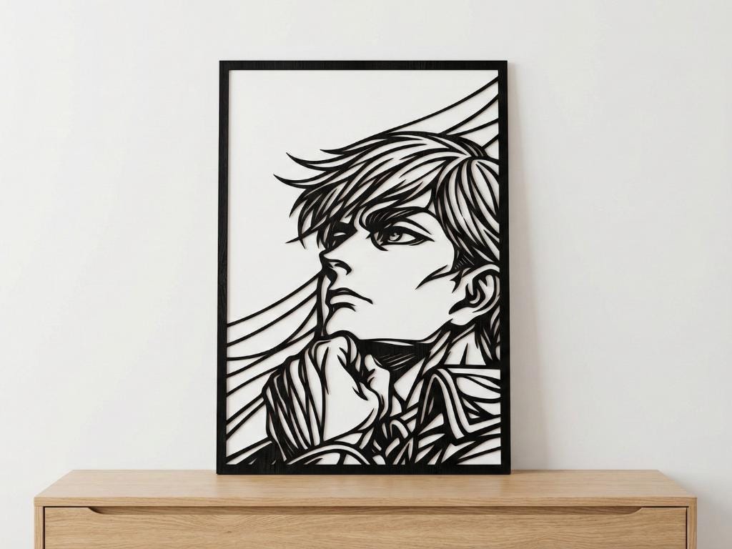 Laser Cut Anime Wall Art Decor – Erwin Smith | Flow-Line Art Black Frame | SVG AI DXF dwg Files