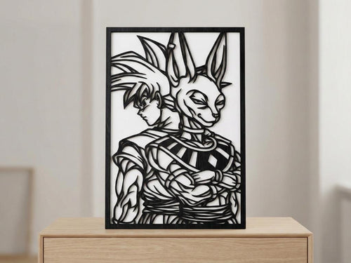 Laser Cut Anime Wall Art Decor – Goku and Beerus | Flow-Line Art Black Frame | SVG AI DXF dwg Files