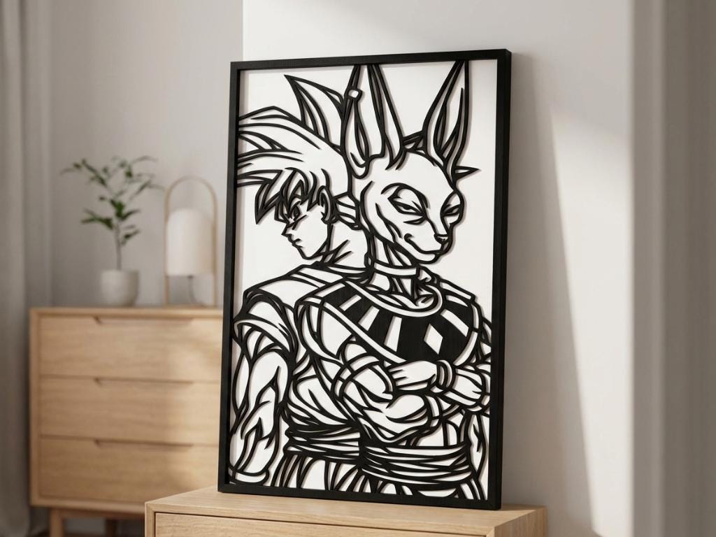 Laser Cut Anime Wall Art Decor – Goku and Beerus | Flow-Line Art Black Frame | SVG AI DXF dwg Files