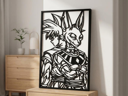 Laser Cut Anime Wall Art Decor – Goku and Beerus | Flow-Line Art Black Frame | SVG AI DXF dwg Files