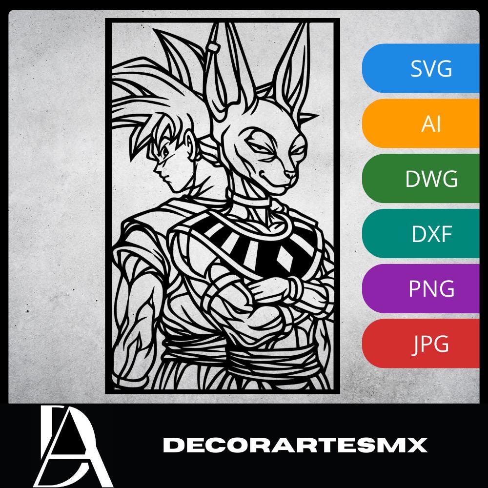 Laser Cut Anime Wall Art Decor – Goku and Beerus | Flow-Line Art Black Frame | SVG AI DXF dwg Files