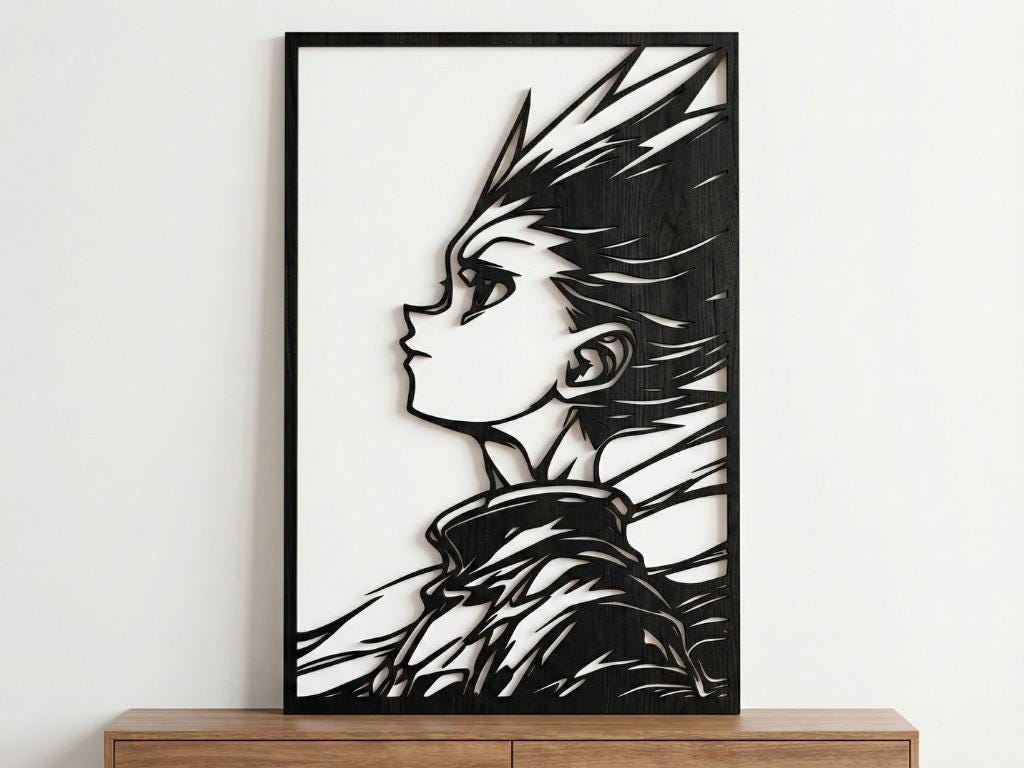 Laser Cut Anime Wall Art Decor – Gon Freecss | Flow-Line Art Black Frame | SVG AI DXF dwg Files