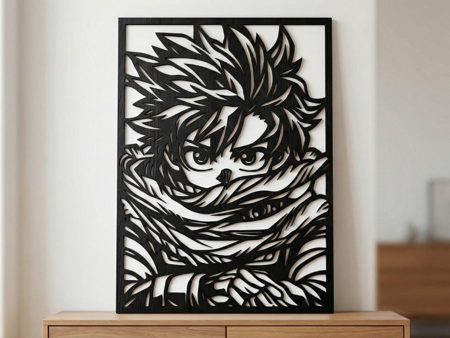 Arte Decorativo de Pared Anime para Corte Láser – Izuku Midoriya | Flow-Line Art con Marco Negro | Archivos SVG AI DXF DWG PNG JPG
