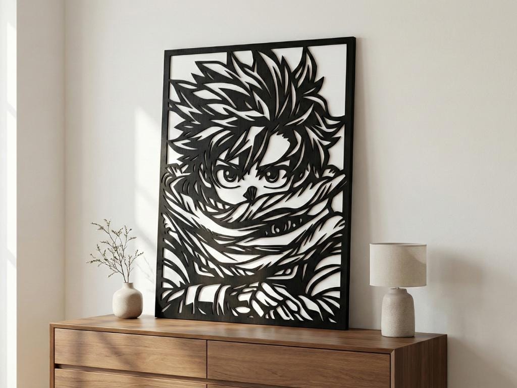 Laser Cut Anime Wall Art Decor – Izuku Midoriya | Flow-Line Art Black Frame | SVG AI DXF dwg Files
