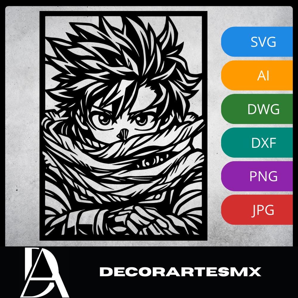 Laser Cut Anime Wall Art Decor – Izuku Midoriya | Flow-Line Art Black Frame | SVG AI DXF dwg Files