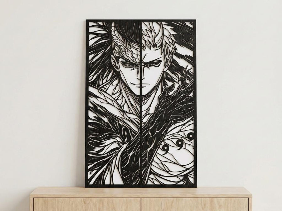 Arte Decorativo de Pared Anime para Corte Láser – Madara y Obito | Flow-Line Art con Marco Negro | Archivos SVG AI DXF DWG PNG JPG