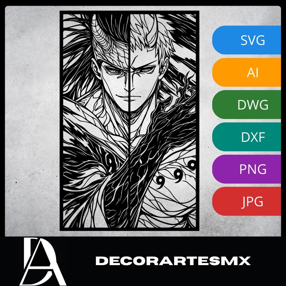 Laser Cut Anime Wall Art Decor – Madara and Obito | Flow-Line Art Black Frame | SVG AI DXF dwg Files