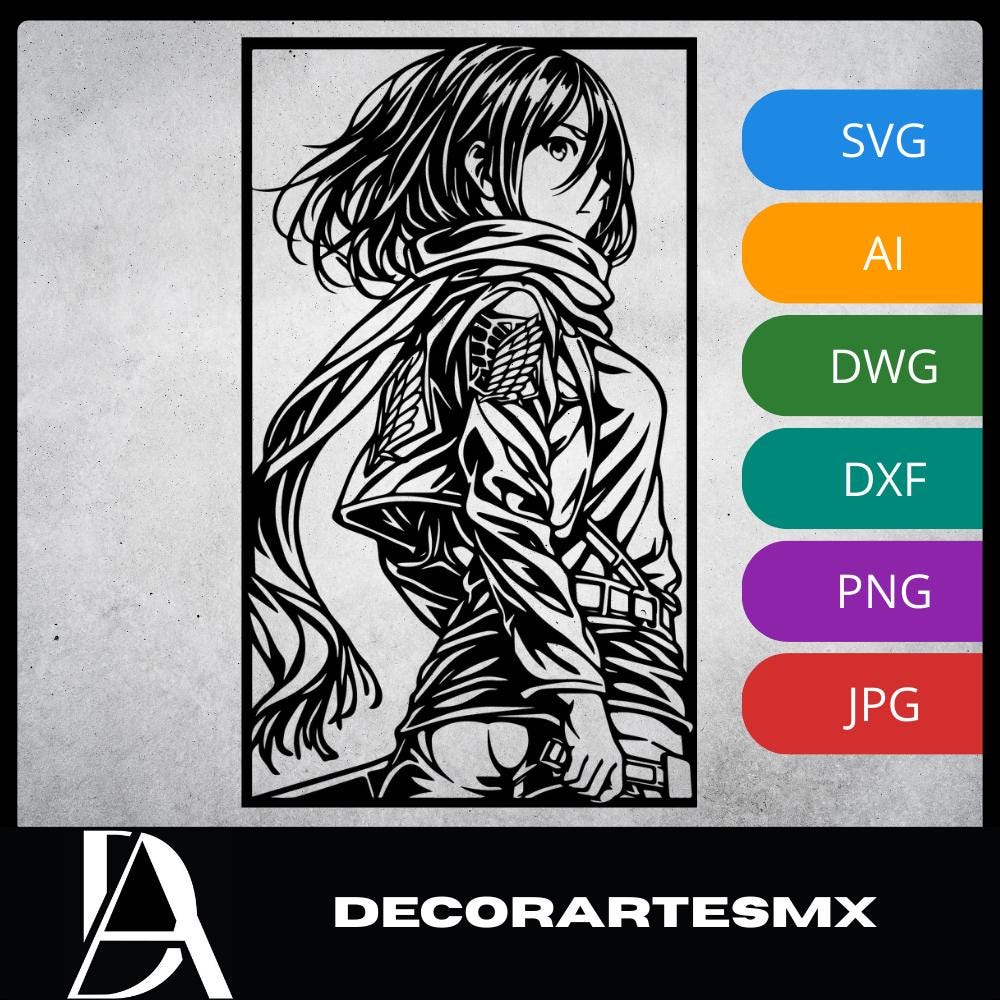 Laser Cut Anime Wall Art Decor – Mikasa Ackerman | Flow-Line Art Black Frame | SVG AI DXF dwg Files