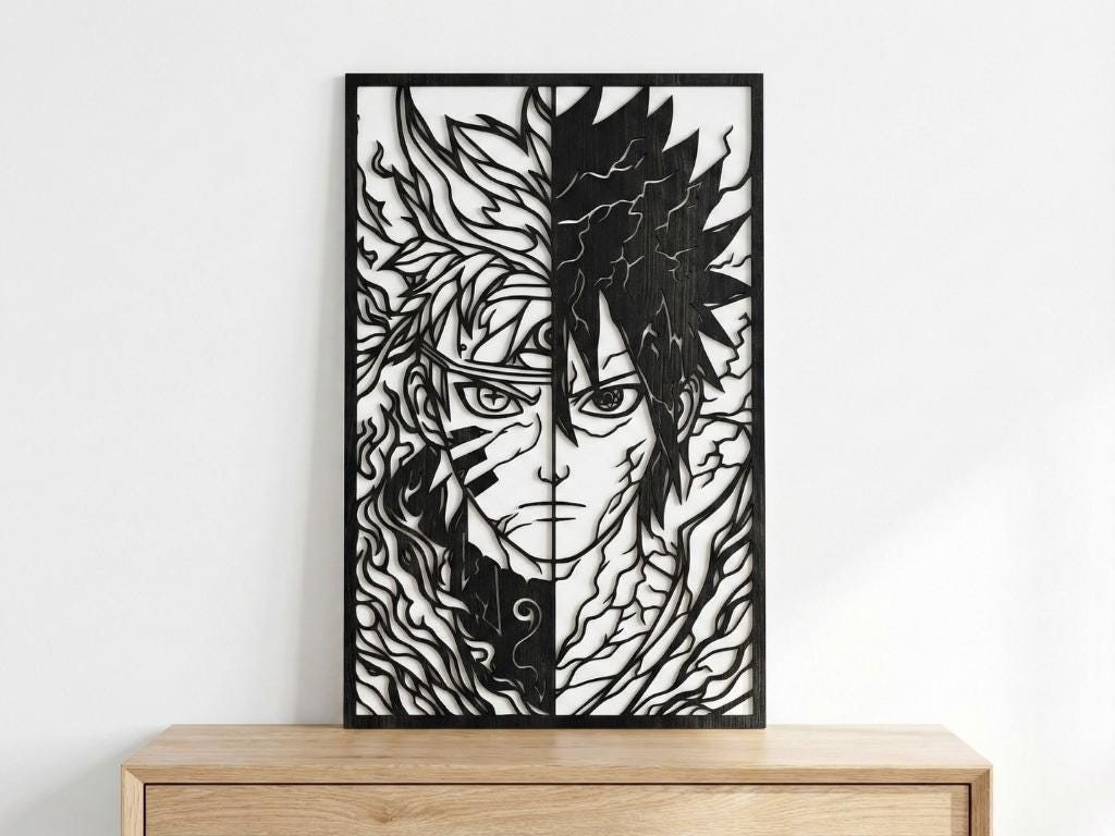 Laser Cut Anime Wall Art Decor – Naruto and Sasuke | Flow-Line Art Black Frame | SVG AI DXF dwg Files