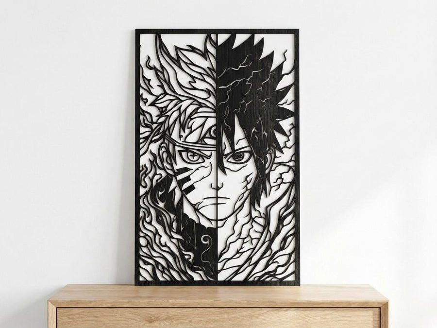 Arte Decorativo de Pared Anime para Corte Láser – Naruto y Sasuke | Flow-Line Art con Marco Negro | Archivos SVG AI DXF DWG PNG JPG