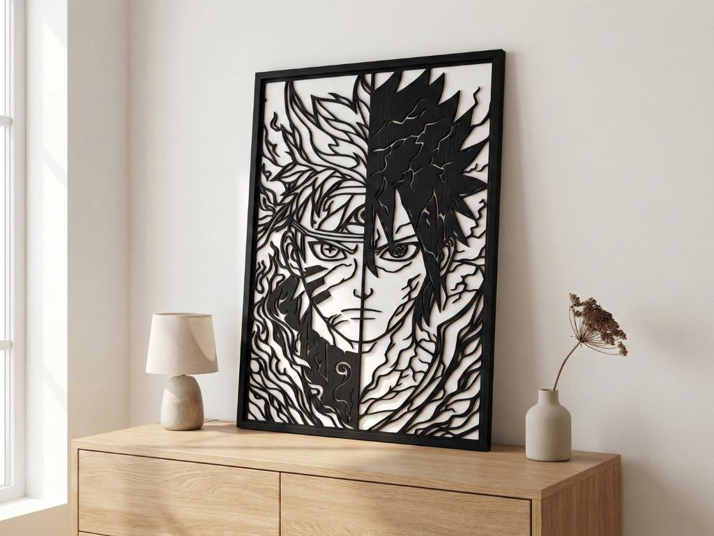 Laser Cut Anime Wall Art Decor – Naruto and Sasuke | Flow-Line Art Black Frame | SVG AI DXF dwg Files