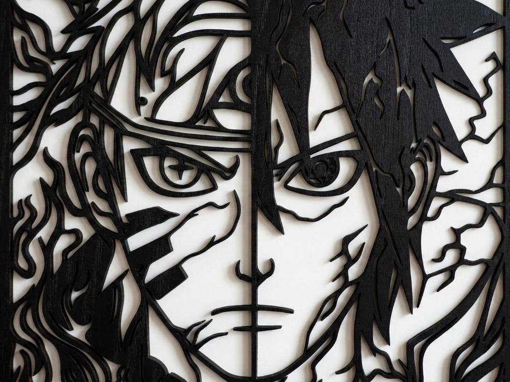 Laser Cut Anime Wall Art Decor – Naruto and Sasuke | Flow-Line Art Black Frame | SVG AI DXF dwg Files
