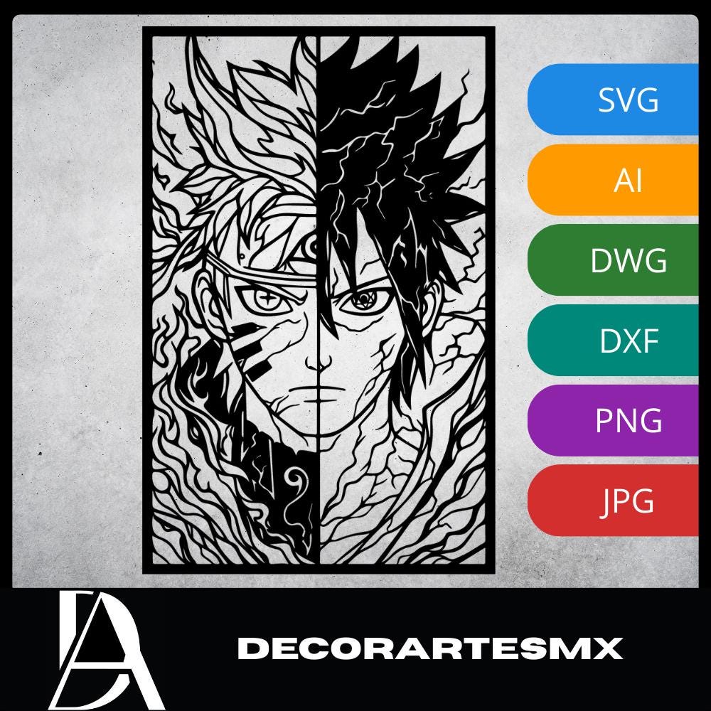 Laser Cut Anime Wall Art Decor – Naruto and Sasuke | Flow-Line Art Black Frame | SVG AI DXF dwg Files