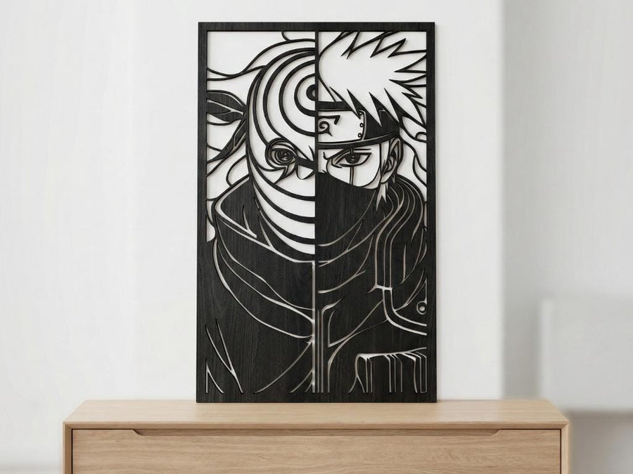 Arte Decorativo de Pared Anime para Corte Láser – Obito y Kakashi | Flow-Line Art con Marco Negro | Archivos SVG AI DXF DWG PNG JPG