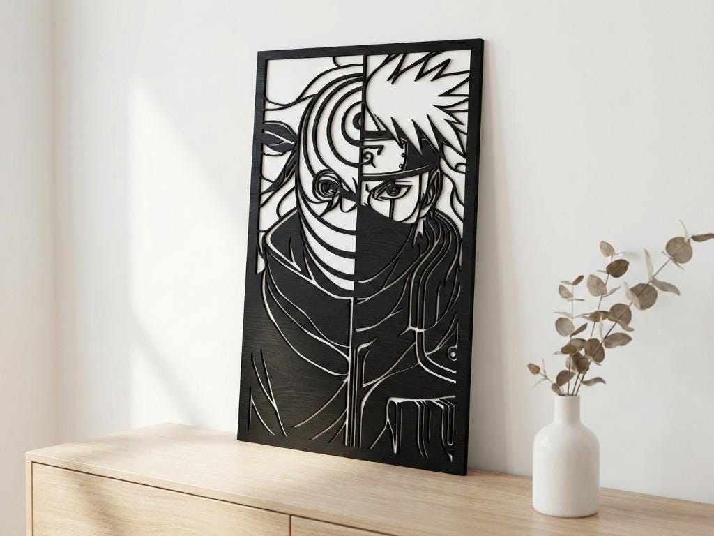 Laser Cut Anime Wall Art Decor – Obito and Kakashi | Flow-Line Art Black Frame | SVG AI DXF dwg Files