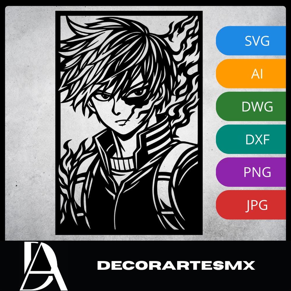 Laser Cut Anime Wall Art Decor – Shoto Todoroki | Flow-Line Art Black Frame | SVG AI DXF dwg Files