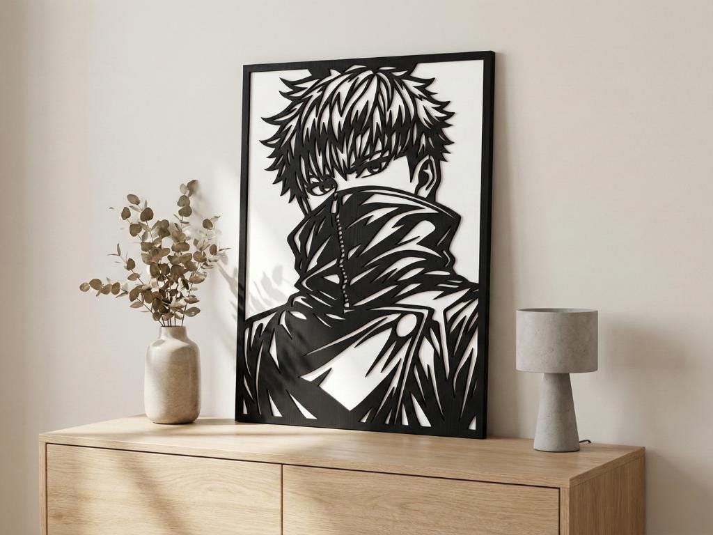 Laser Cut Anime Wall Art Decor – Toge Inumaki | Flow-Line Art Black Frame | SVG AI DXF dwg Files