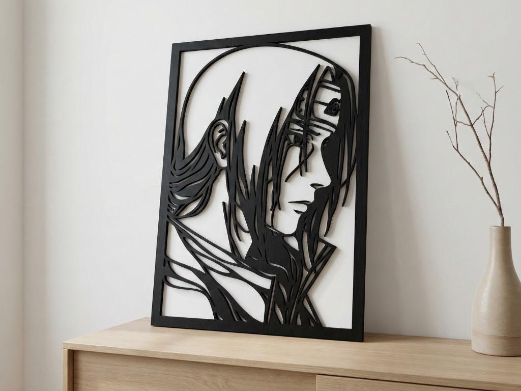 Laser Cut Anime Wall Art Decor – Itachi 2 | Flow-Line Art Black Frame | SVG AI DXF dwg Files