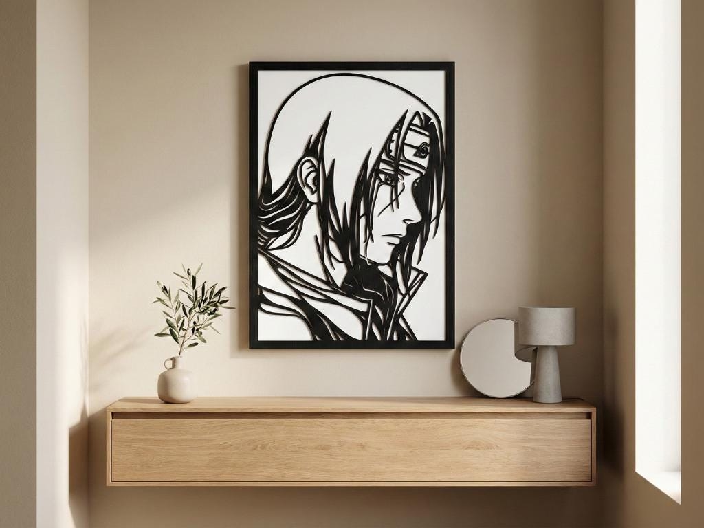 Laser Cut Anime Wall Art Decor – Itachi 2 | Flow-Line Art Black Frame | SVG AI DXF dwg Files