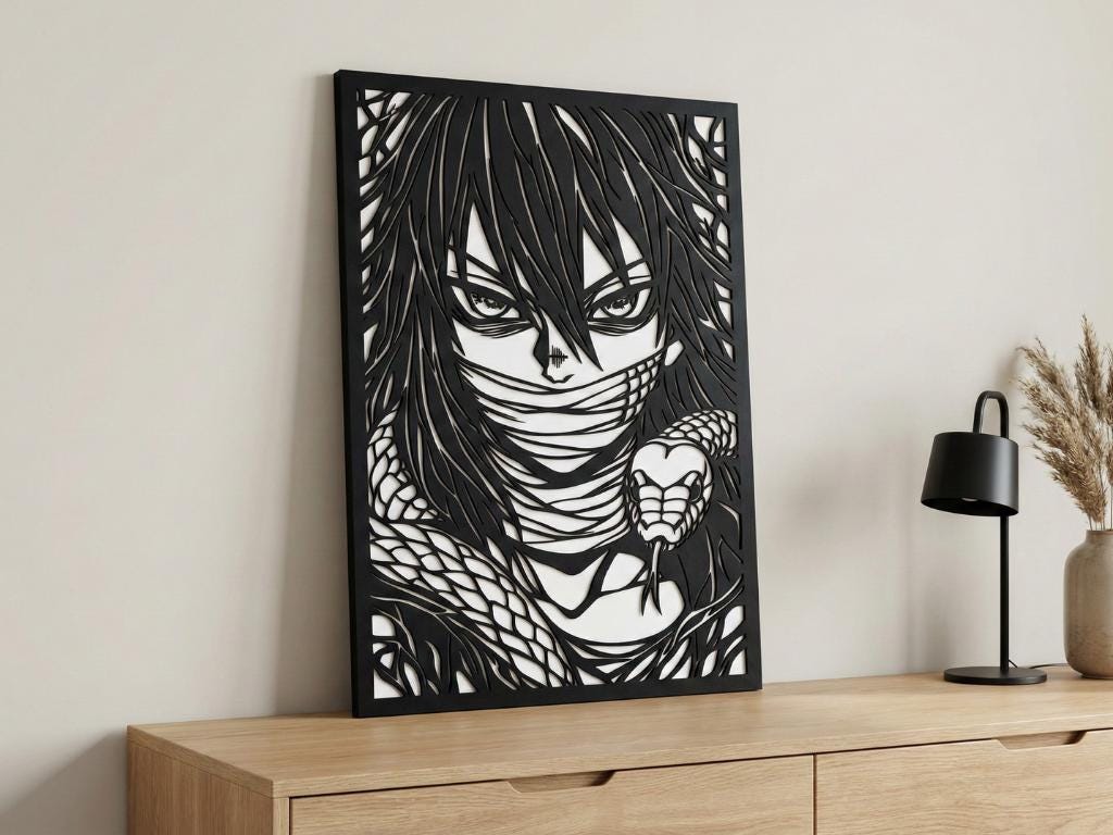 Laser Cut Anime Wall Art Decor – Obanai Iguro | Flow-Line Art Black Frame | SVG AI DXF dwg Files
