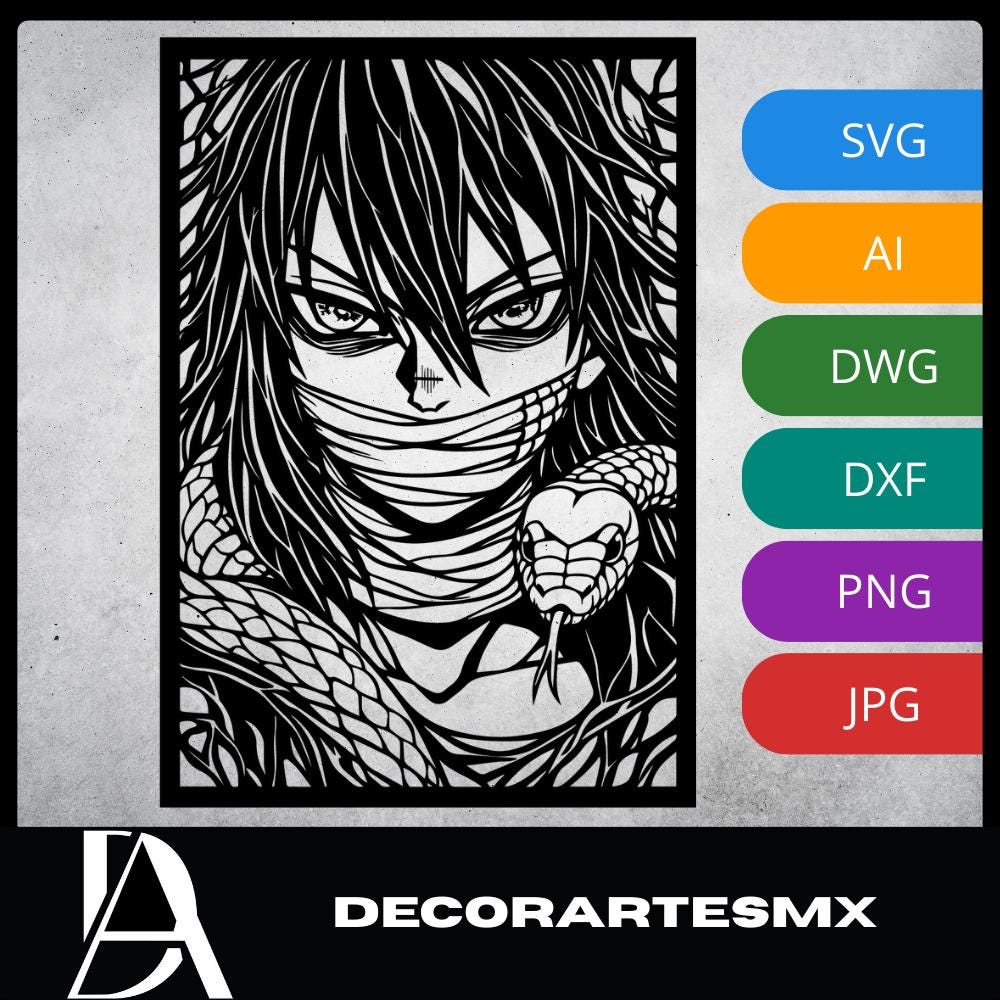 Laser Cut Anime Wall Art Decor – Obanai Iguro | Flow-Line Art Black Frame | SVG AI DXF dwg Files